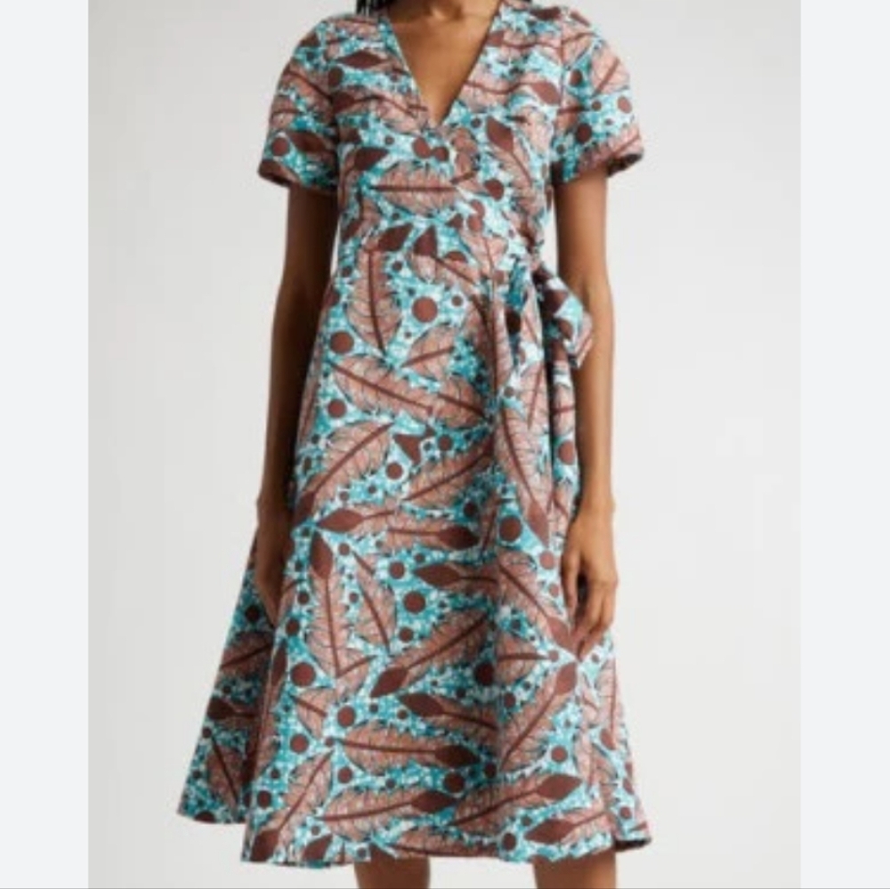 The Oula Company Leaf Print Cotton Blend Wrap Dress in Cocoa Mist ... Size Small